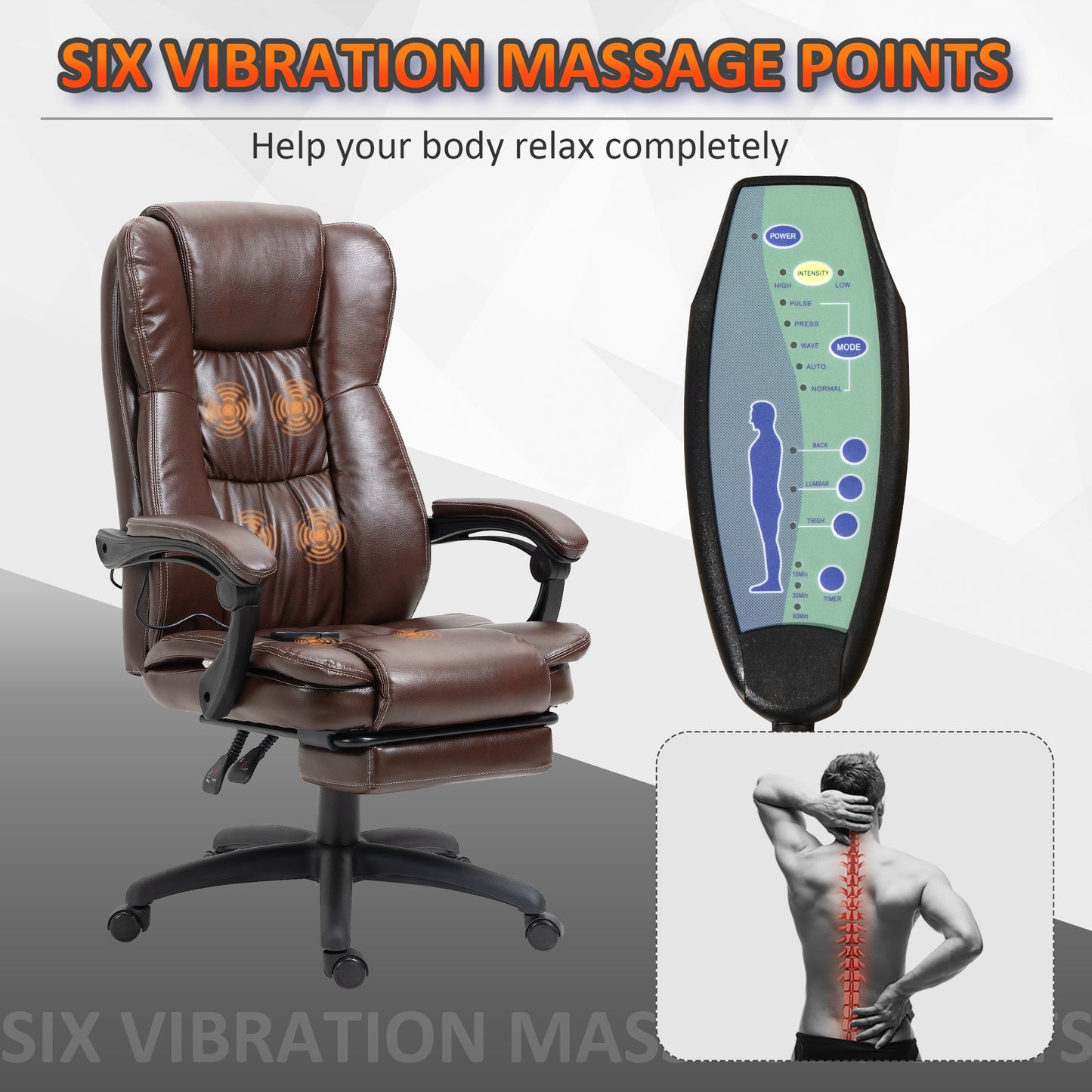 High Back Massage Office Chair with 6-Point Vibration, 5 Modes, Executive Chair, PU Leather Swivel Chair with Reclining Back, and Retractable Footrest, Brown - Free Shipping - Aurelia Clothing