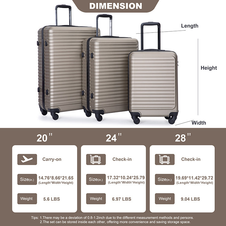 3 Piece Luggage Sets ABS Lightweight Suitcase with Two Hooks, Spinner Wheels, TSA Lock, (20/24/28) GOLD - Free Shipping - Aurelia Clothing