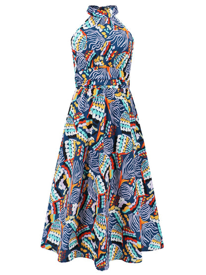 Ruched Printed Halter Neck Sleeveless Dress - Aurelia Clothing