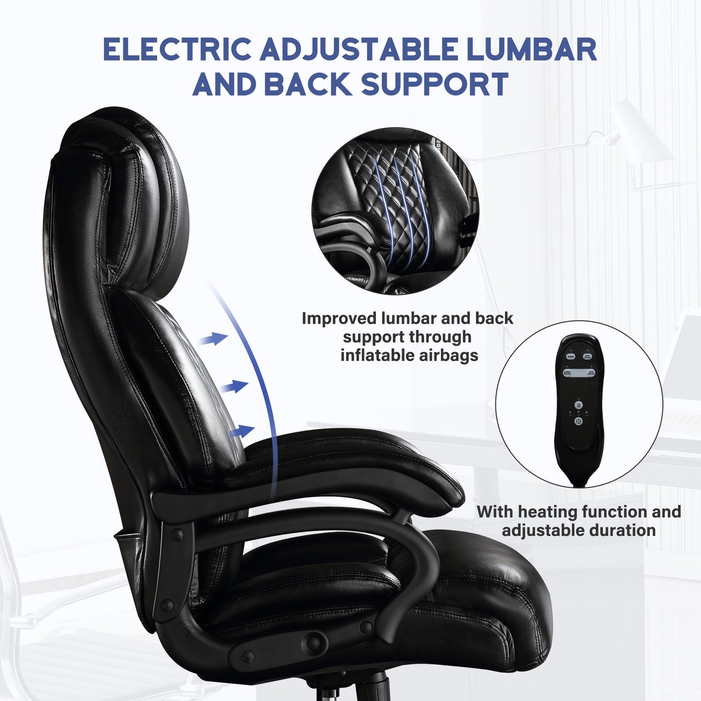 Big and Tall Office Chair, 500lbs High Back Large Executive Chair with Electric Airbag Heating High Back Computer Chair with Wide Seat, Black Ergonomic Leather Rocking Chair - Free Shipping - Aurelia Clothing