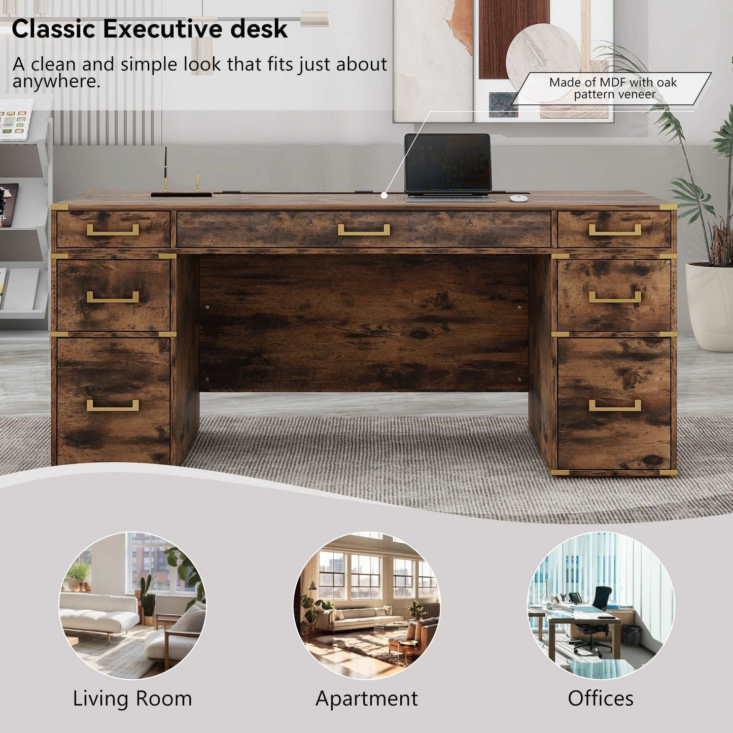 70"Classic and Traditional Executive Desk with Metal Edge Trim ,Writing Desk with 2 file drawers,USB Ports and Outlets,Desk with Hidden Compartment for Living Room,Home Office,Study Room,Brow - Aurelia Clothing