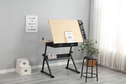 adjustable drawing drafting table desk with 2 drawers for home office and school with stool(wood) - Free Shipping - Aurelia Clothing