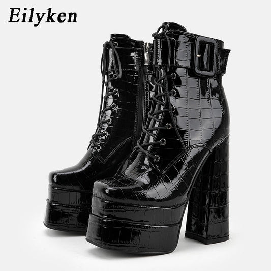 New super high heel square head large women's leather boots with strap and thick heel short boots double waterproof platform boots - Free Shipping - Aurelia Clothing