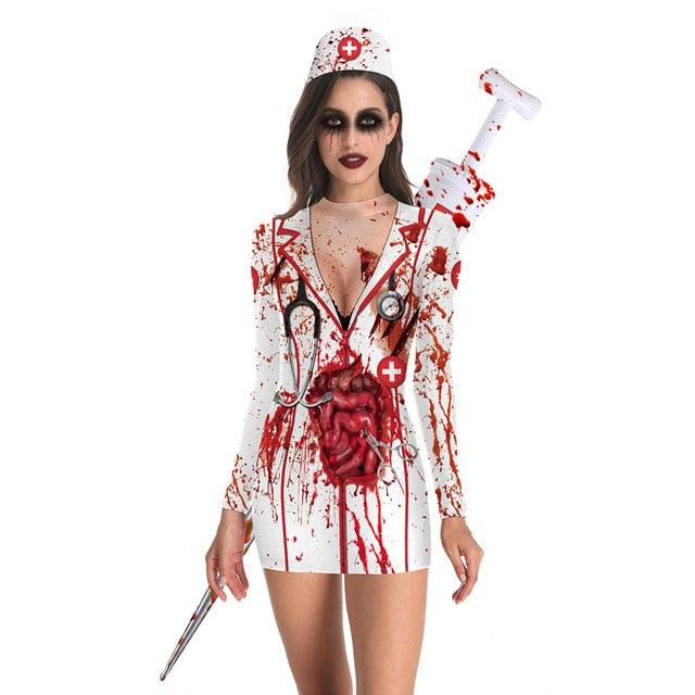 Bloody Nurse Role-play Dress for Women Halloween Scary Horror Cosplay Costumes Sexy Mini Dress Gothic Medieval Clothing - Free Shipping - Aurelia Clothing