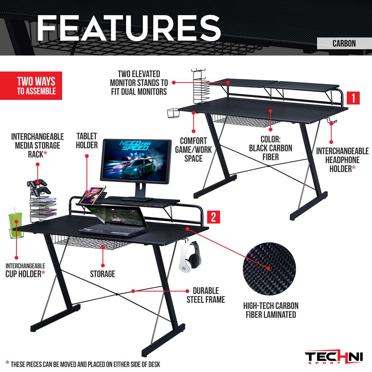 Techni Sport TS-200 Carbon Computer Gaming Desk with Shelving, Black - Free Shipping - Aurelia Clothing