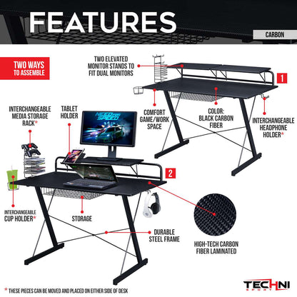 Techni Sport TS-200 Carbon Computer Gaming Desk with Shelving, Black - Free Shipping - Aurelia Clothing