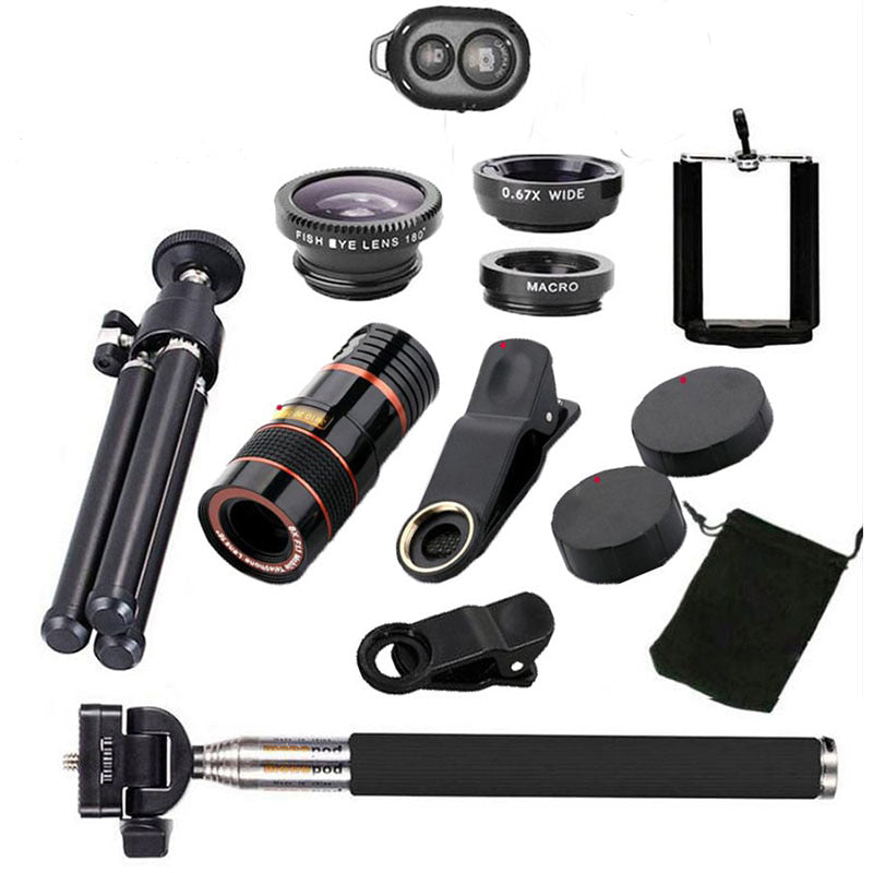 10 in 1 Kits 12x Zoom Telephoto Lens Fish eye Lens Wide Angle Macro Lenses Cell Phone Mobile Tripod - Free Shipping - Aurelia Clothing