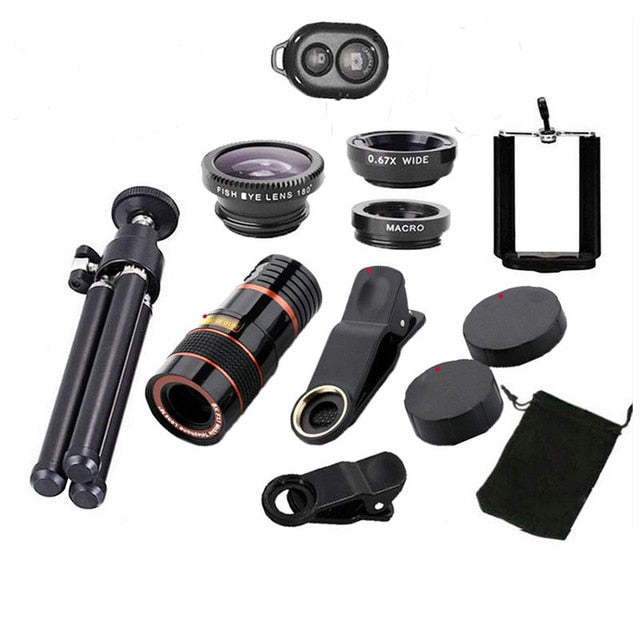 10 in 1 Kits 12x Zoom Telephoto Lens Fish eye Lens Wide Angle Macro Lenses Cell Phone Mobile Tripod - Free Shipping - Aurelia Clothing