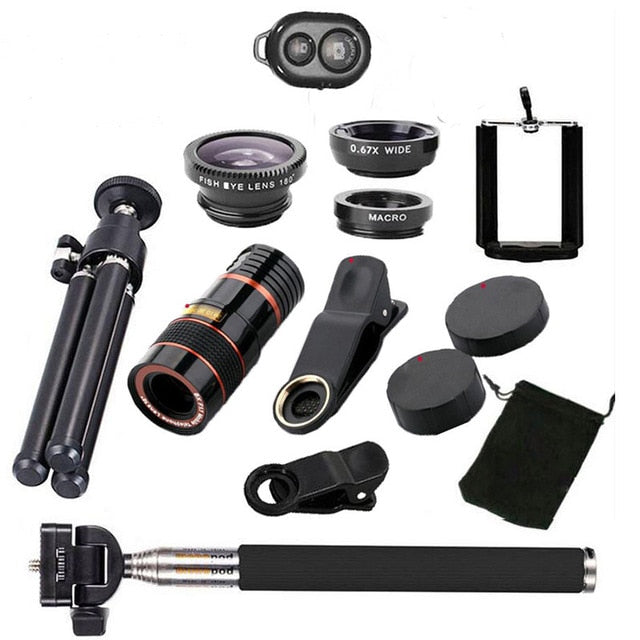 10 in 1 Kits 12x Zoom Telephoto Lens Fish eye Lens Wide Angle Macro Lenses Cell Phone Mobile Tripod - Free Shipping - Aurelia Clothing