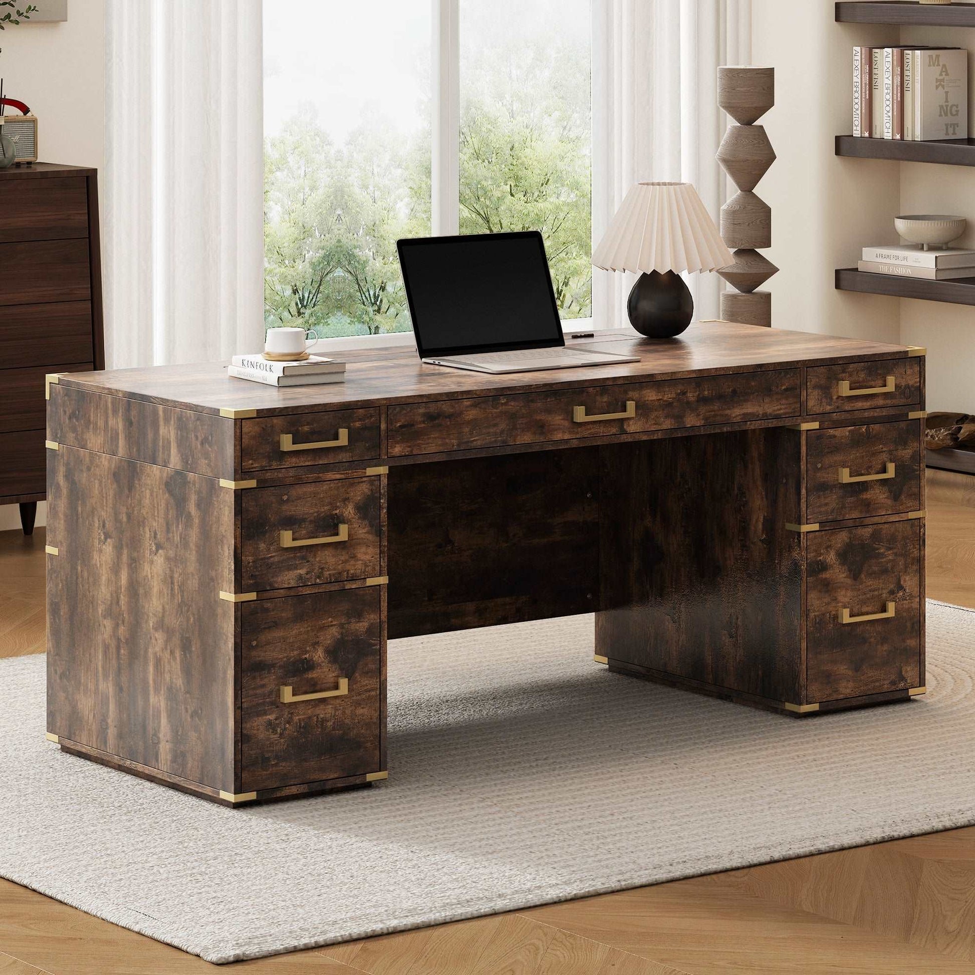 70"Classic and Traditional Executive Desk with Metal Edge Trim ,Writing Desk with 2 file drawers,USB Ports and Outlets,Desk with Hidden Compartment for Living Room,Home Office,Study Room,Brow - Aurelia Clothing