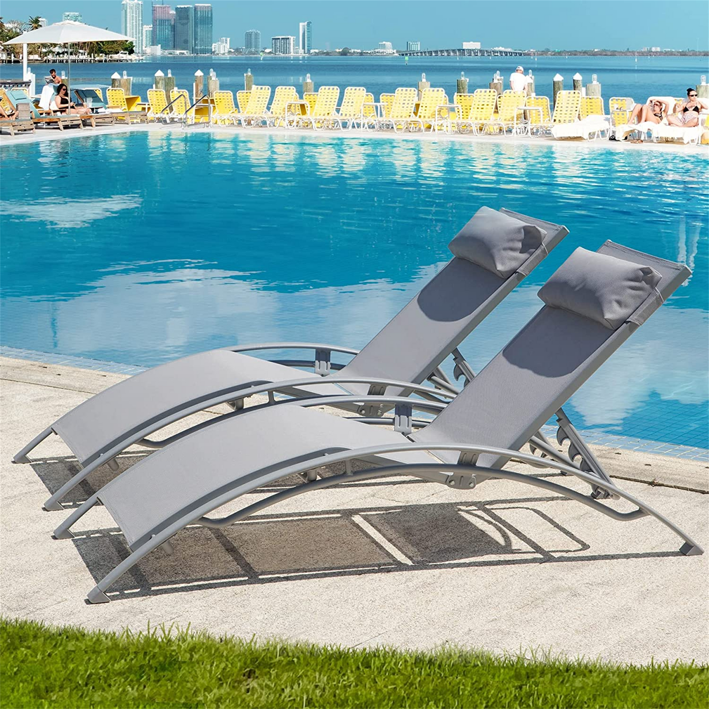 Outdoor Chaise Lounge Set of 2 Patio Recliner Chairs with Adjustable Backrest and Removable Pillow for Indoor&Outdoor Beach Pool Sunbathing Lawn (Gray, 2 Lounge  Chairs) - Free Shipping - Aurelia Clothing