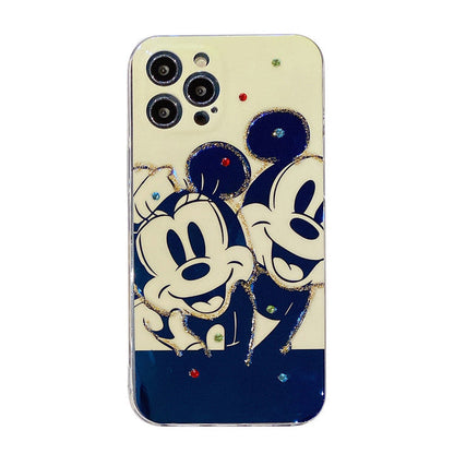 Blue light black-and-white Mickey is suitable for iPhone 12 / 11promax mobile phone case with flash drill and glue dropping - Free Shipping - Aurelia Clothing