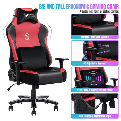 Big and Tall Gaming Chair 400lbs Gaming Chair with Massage Lumbar Pillow, Headrest, 3D Armrest, Metal Base, PU Leather - Free Shipping - Aurelia Clothing