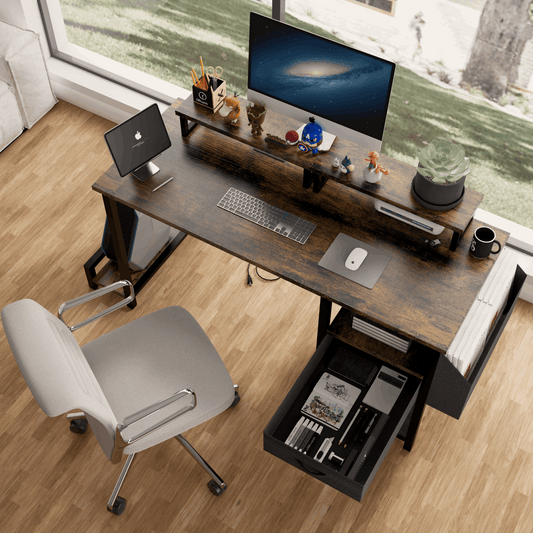 47"office desk with power outlet, 2 Monitor Stands and USB Ports,Gaming Desk with Storage Shelves,2 Fabric Drawers, Large Side Pocket,and hooks for Home Office Study, Rustic Brown - Free Shipping