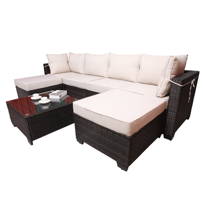 Outdoor Garden Patio Furniture 7-Piece PE Rattan Wicker Cushioned Sofa Sets  and Coffee Table, patio furniture set;outdoor couch;outdoor couch patio furniture;outdoor sofa;patio couch - Free  - Aurelia Clothing