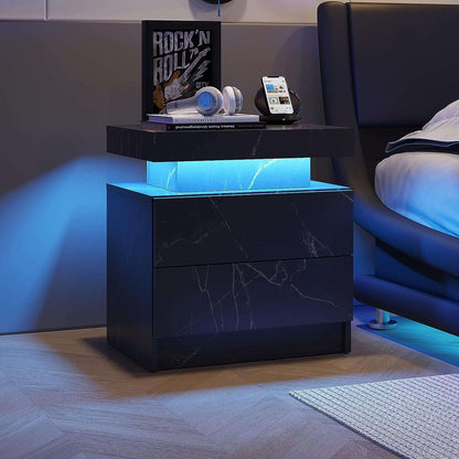 Nightstand LED Bedside Table Cabinet Lights Modern End Side with 2 Drawers for Bedroom (Black Gold) - Free Shipping