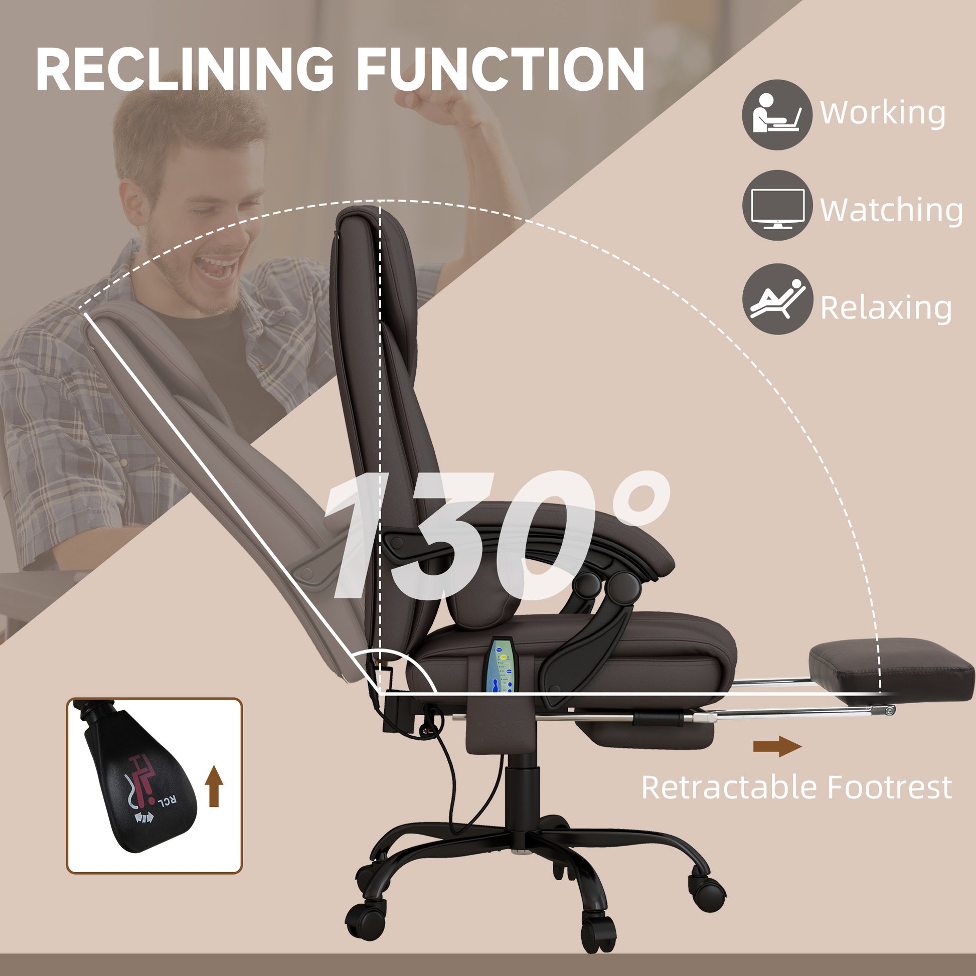 High Back Vibration Massage Office Chair with 6 Points, Hight Adjustable Computer Desk Chair, Reclining Office Chair with Retractable Footrest and Remote, Brown - Free Shipping - Aurelia Clothing