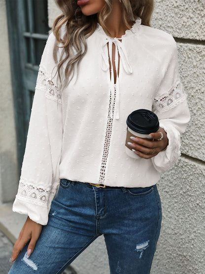 Lace Detail Tie Neck Long Sleeve Blouse - Aurelia Clothing