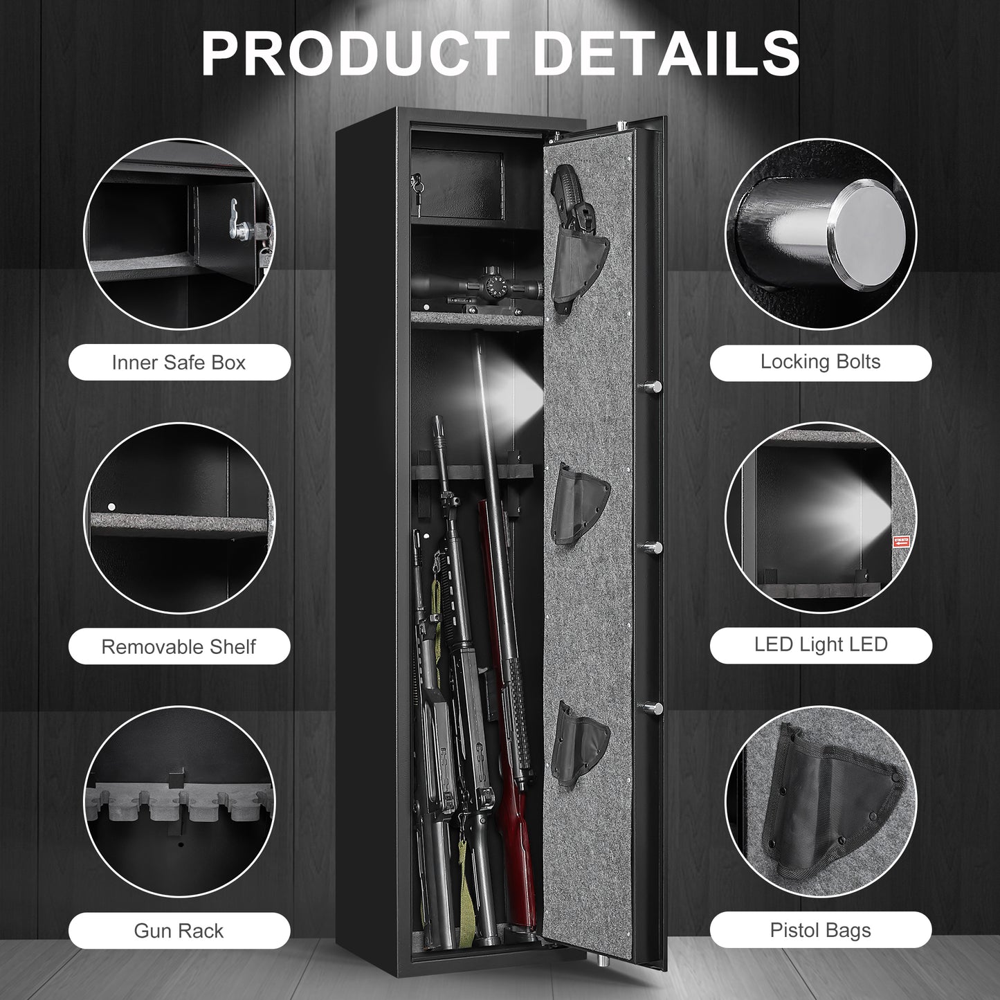 Password lock gun cabinet, can store five guns, three pistols, with internal storage box, with Magnetic introduction light - Free Shipping - Aurelia Clothing