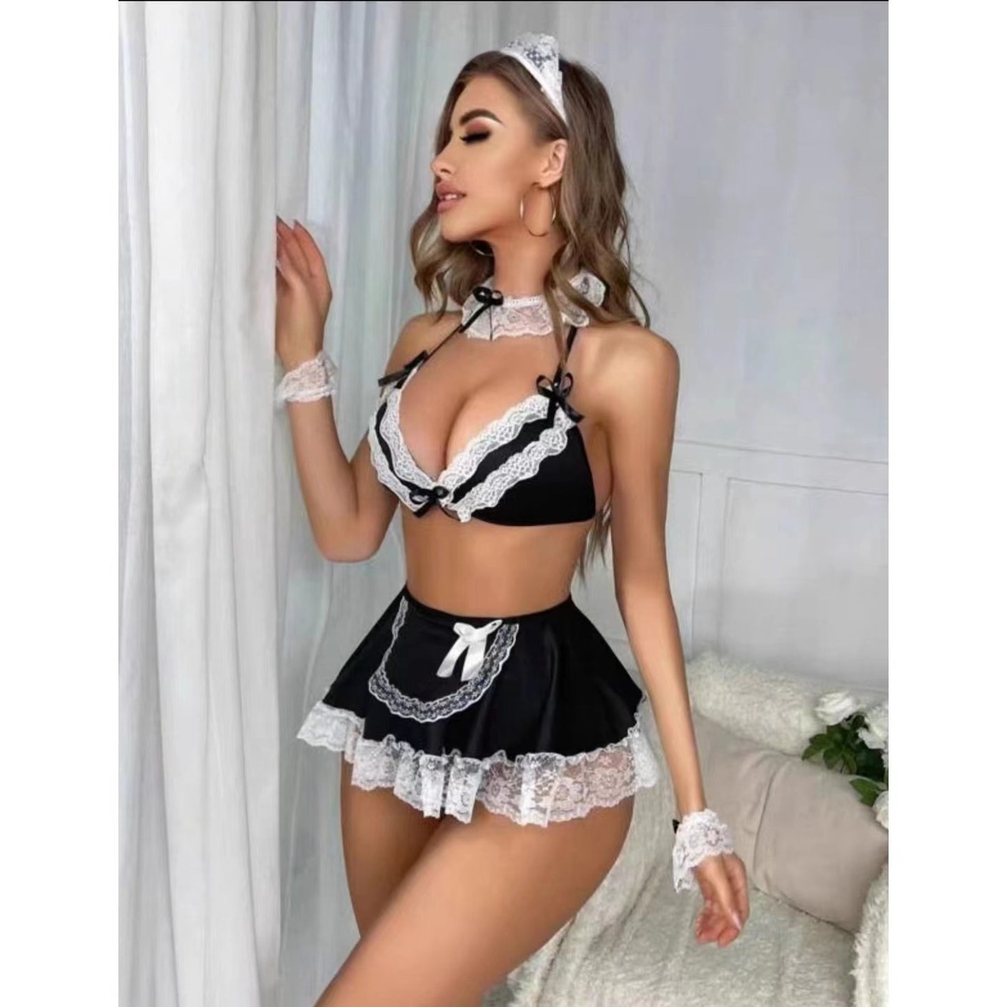 Women's Deep V Maid Bra Set Lace Girls' Underwear Pure Desire Sleeping Skirt - Free Shipping - Aurelia Clothing