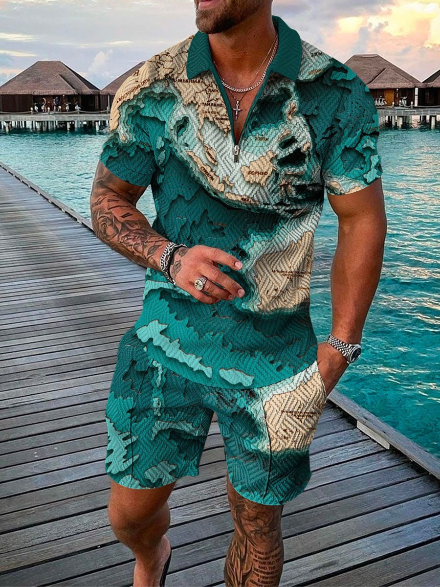 New Men's Fashion Casual Suit 3D Print Zip Short Sleeve Polo Shirt Shorts 2 Piece Set - Free Shipping - Aurelia Clothing