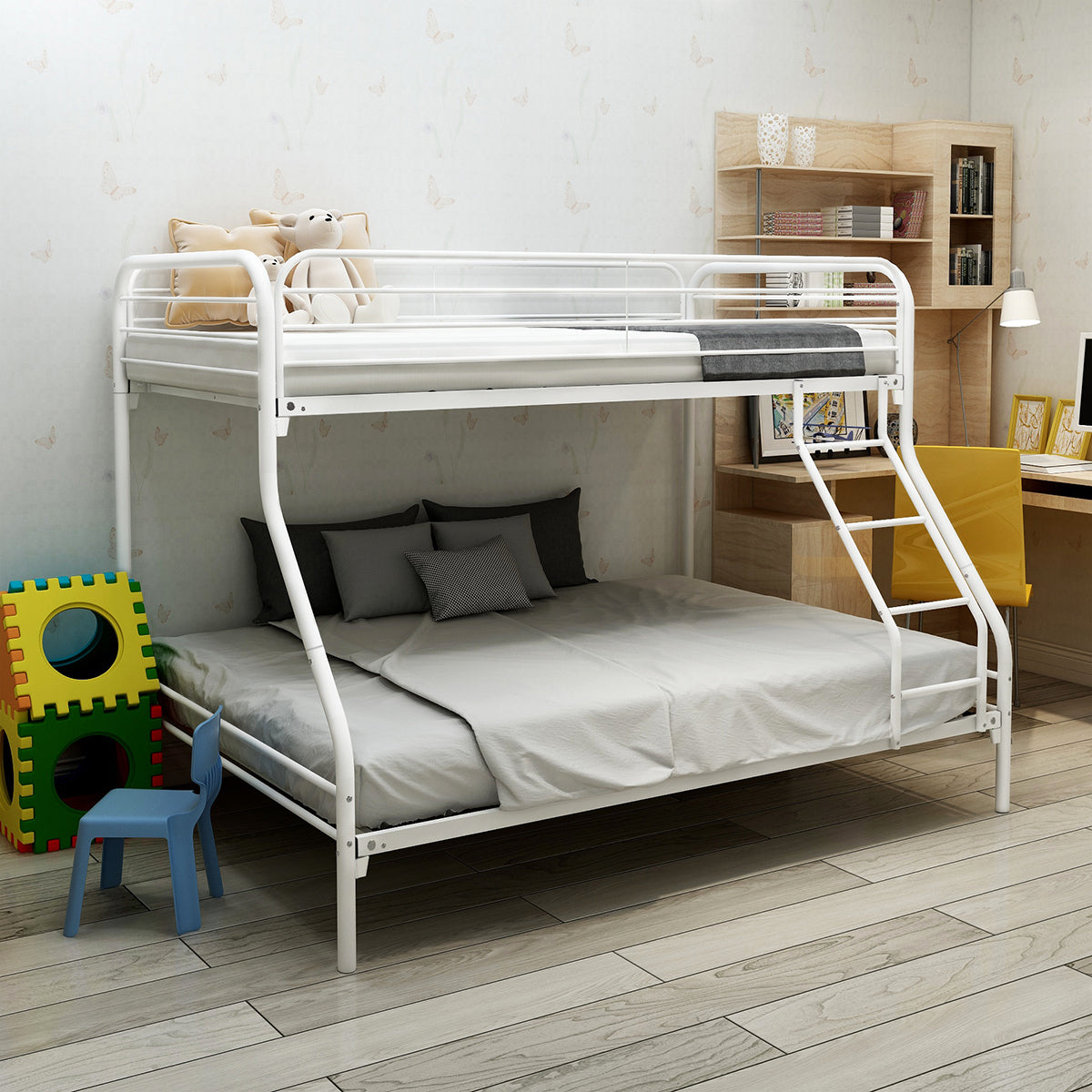 Heavy Duty Twin-Over-Full Metal Bunk Bed, Easy Assembly with Enhanced Upper-Level Guardrail, White - Free Shipping - Aurelia Clothing