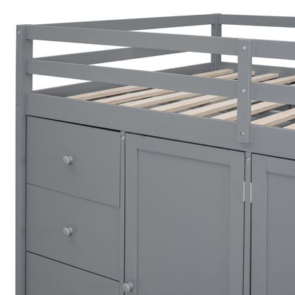 Full Size Wood Loft Bed With Built-in Wardrobes, Cabinets and Drawers, Gray - Free Shipping - Aurelia Clothing