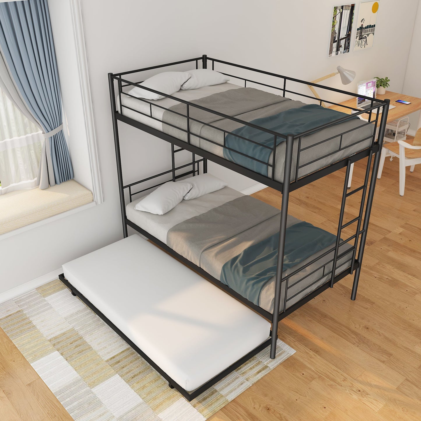 Twin Over Twin Metal Bunk Bed Frame with Trundle（Upgrade reinforcement version）- Free Shipping - Aurelia Clothing