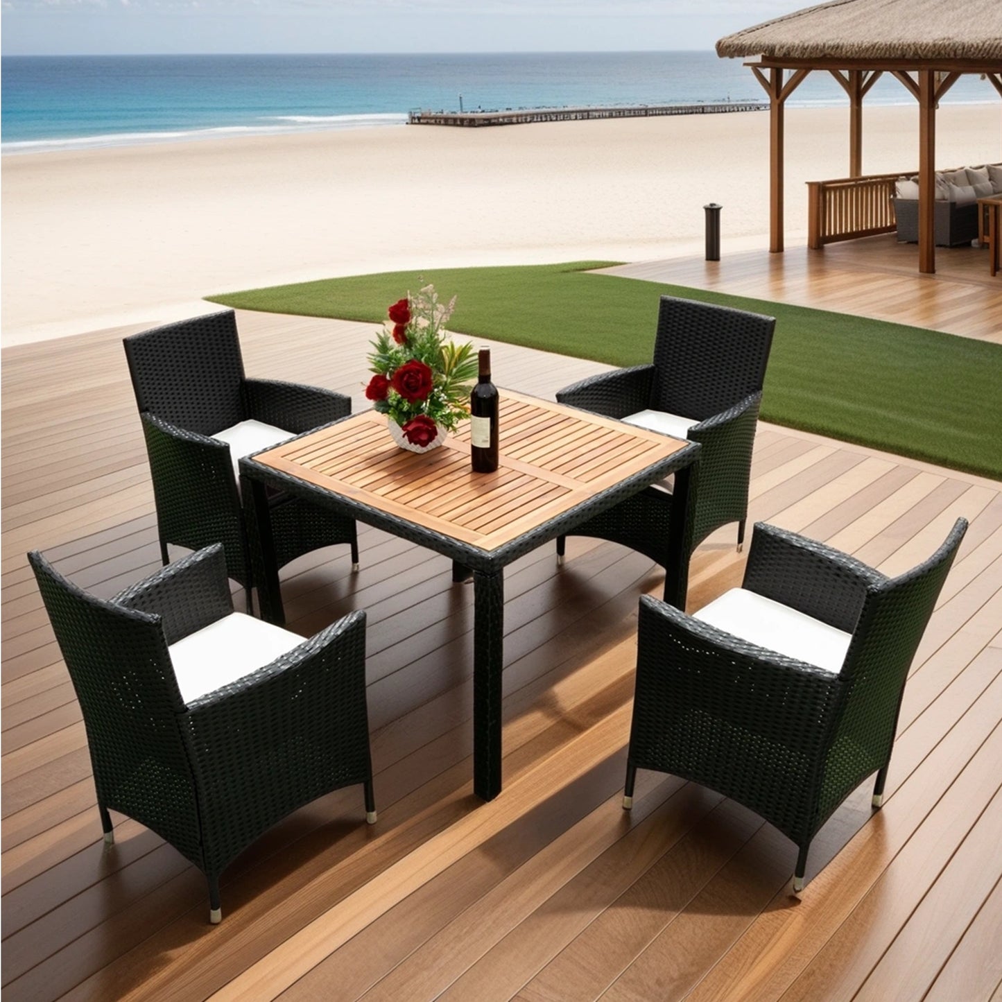 EELIFEE 5 piece Outdoor Patio Wicker Dining Set Patio Wicker Furniture Dining Set w/Acacia Wood Top Black Wicker + Creme Cushion - Free Shipping - Aurelia Clothing