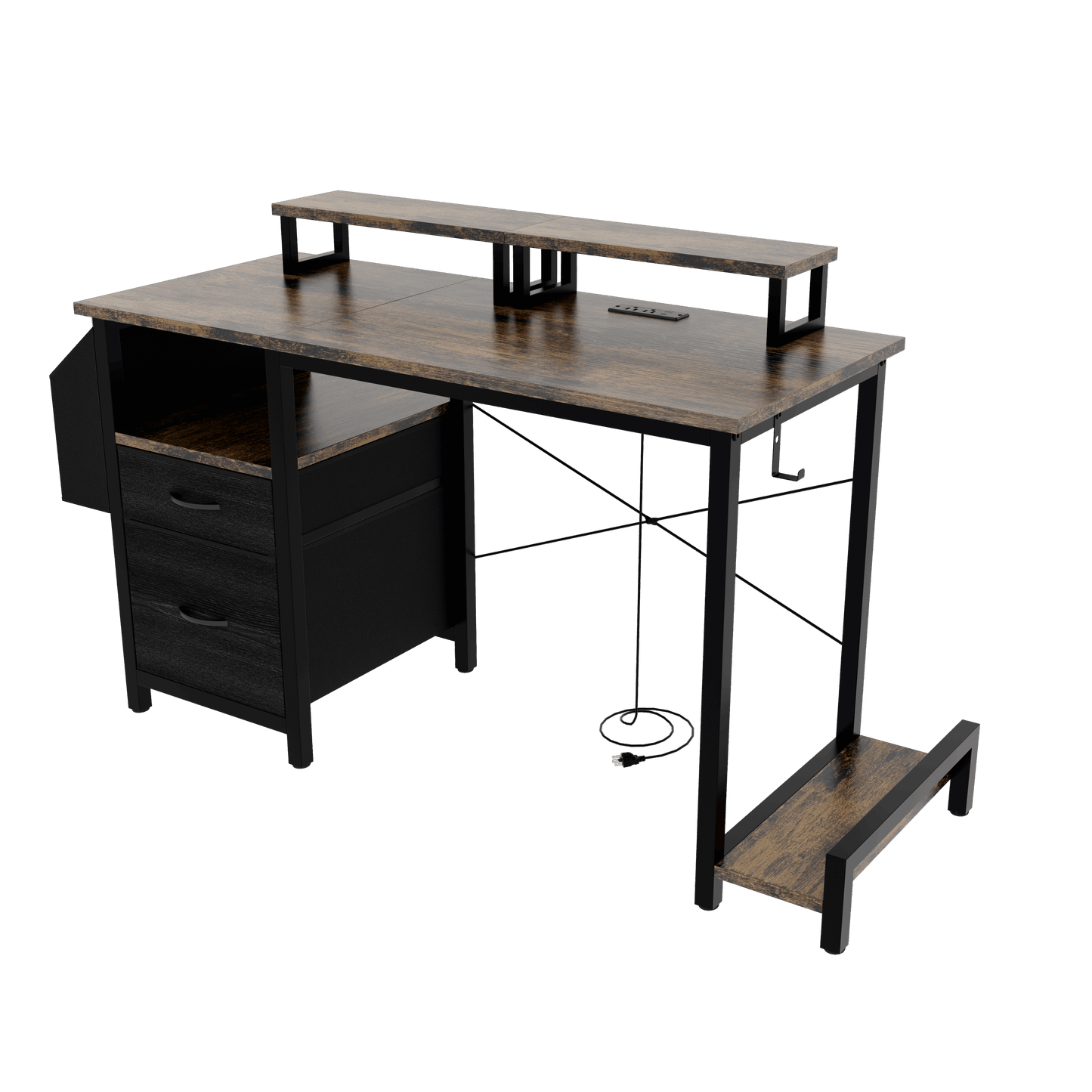 47"office desk with power outlet, 2 Monitor Stands and USB Ports,Gaming Desk with Storage Shelves,2 Fabric Drawers, Large Side Pocket,and hooks for Home Office Study, Rustic Brown - Free Shipping