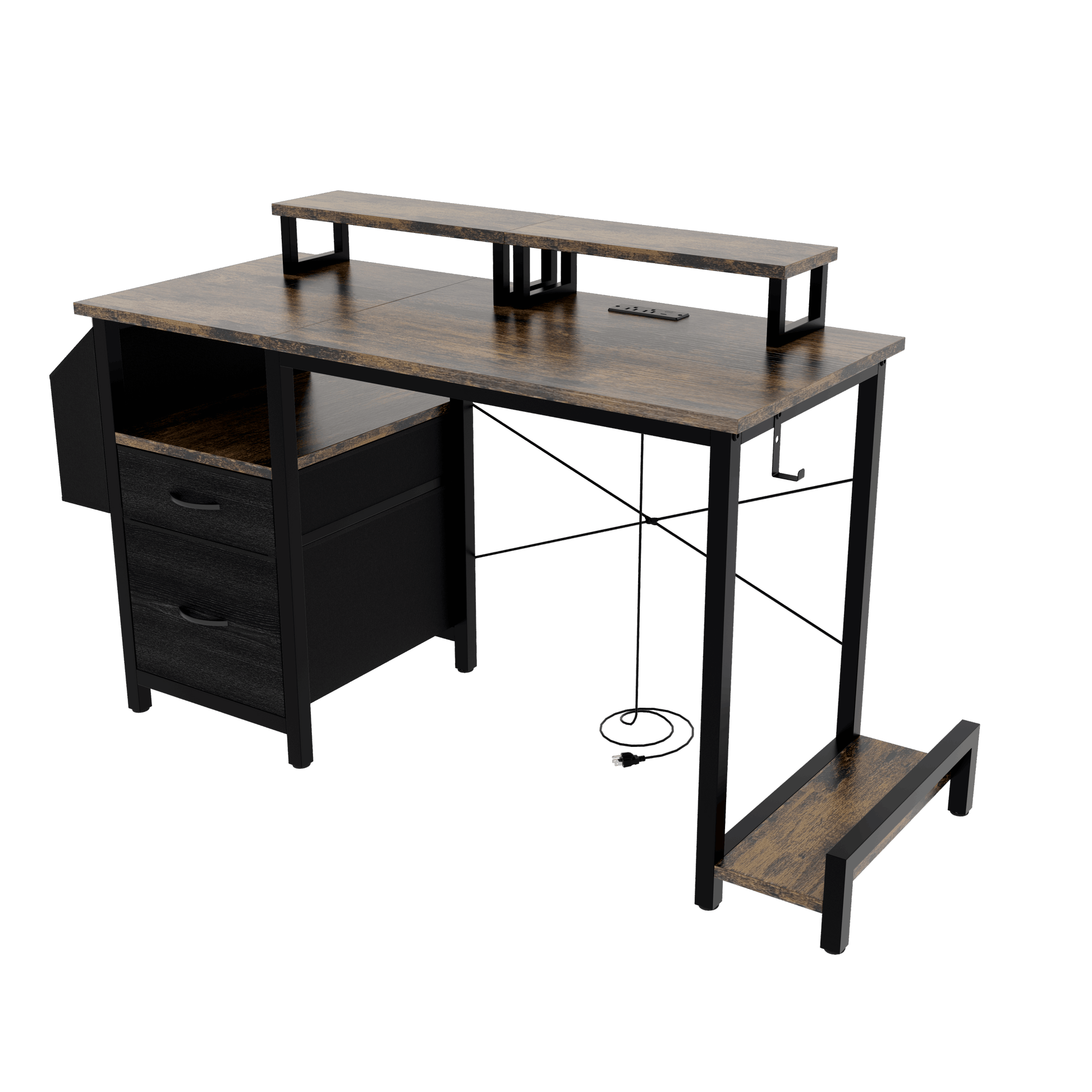 47"office desk with power outlet, 2 Monitor Stands and USB Ports,Gaming Desk with Storage Shelves,2 Fabric Drawers, Large Side Pocket,and hooks for Home Office Study, Rustic Brown - Free Shipping