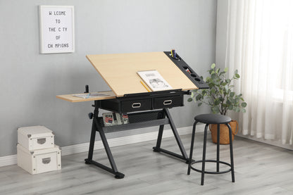 adjustable drawing drafting table desk with 2 drawers for home office and school with stool(wood) - Free Shipping - Aurelia Clothing