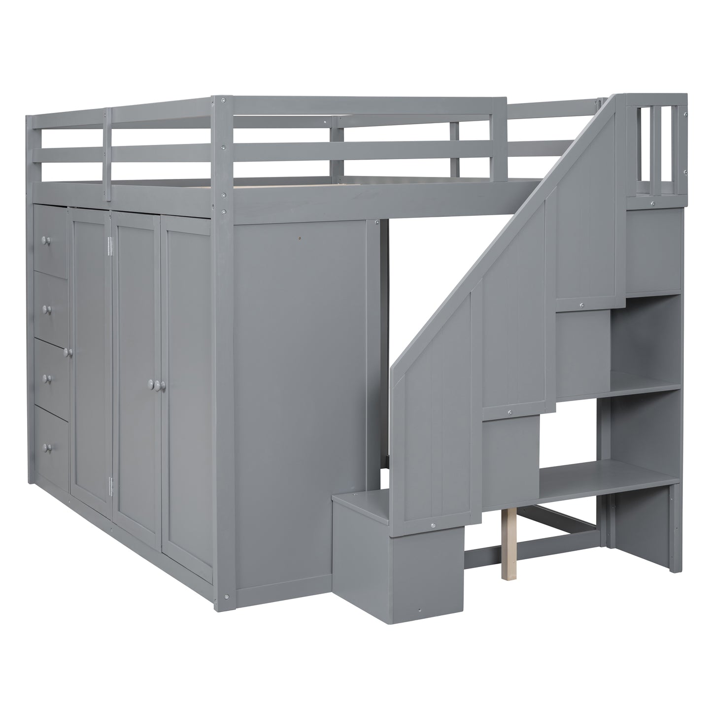 Full Size Wood Loft Bed With Built-in Wardrobes, Cabinets and Drawers, Gray - Free Shipping - Aurelia Clothing