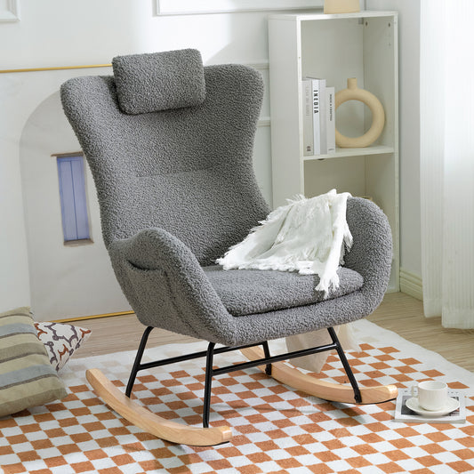 Rocking Chair Nursery, Teddy Upholstered Rocker Glider Chair with High Backrest, Adjustable Headrest & Pocket, Comfy Glider Chair for Nursery, Bedroom, Living Room, Offices, Rubber wood, gray - Aurelia Clothing