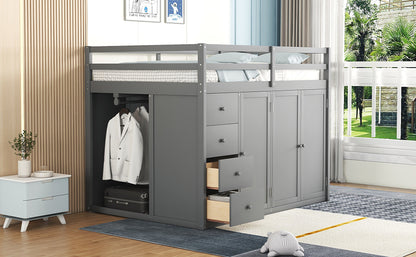 Full Size Wood Loft Bed With Built-in Wardrobes, Cabinets and Drawers, Gray - Free Shipping - Aurelia Clothing