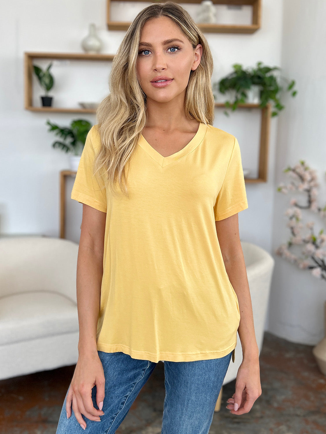 Basic Bae Bamboo Full Size V-Neck High-Low T-Shirt - Free Shipping - Aurelia Clothing