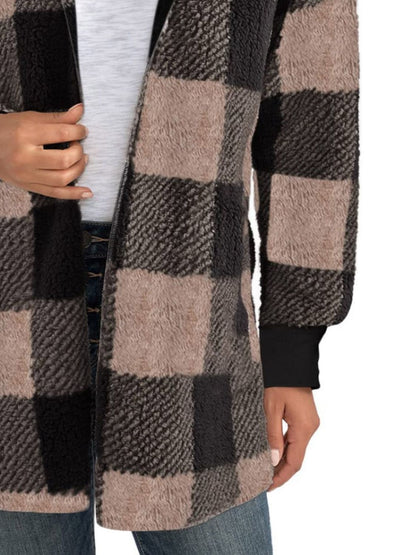 Plaid Long Sleeve Hooded Coat - Aurelia Clothing