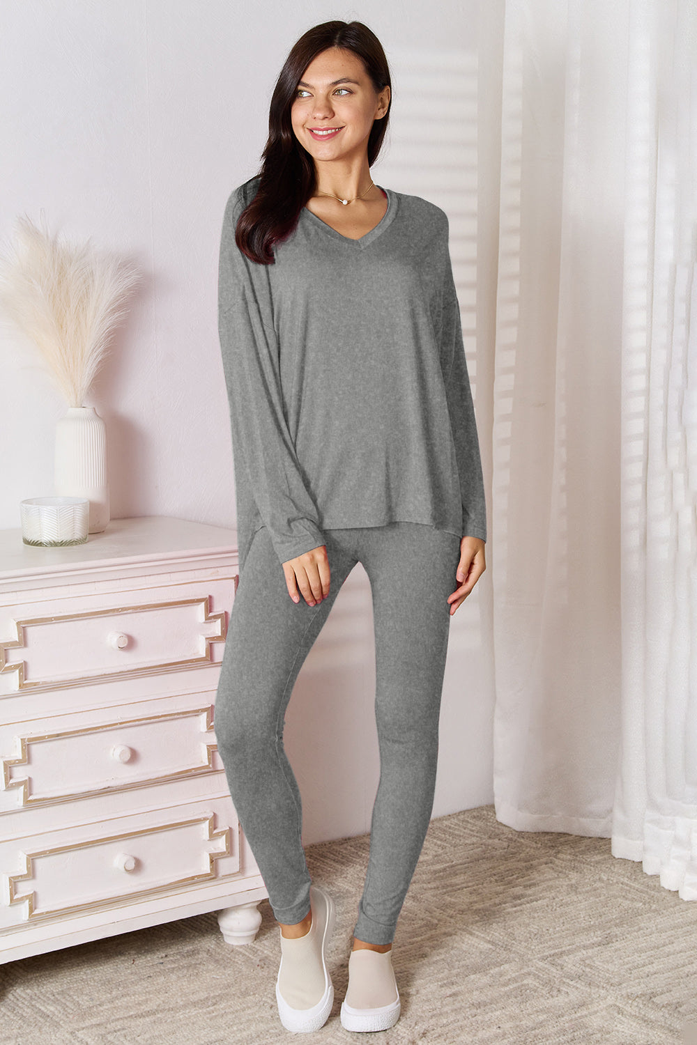 Basic Bae Bamboo Full Size V-Neck Long Sleeve Top and Pants Lounge Set - Free Shipping - Aurelia Clothing