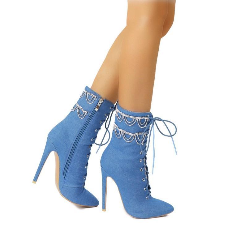 Large Size Rhinestone Chain Stiletto Pointed Toe Women's Ankle Boots - Free Shipping - Aurelia Clothing