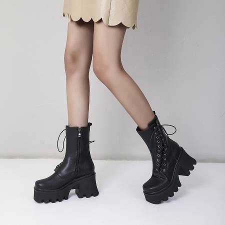 Autumn And Winter Lace Up Chunky High-Heeled Platform Ladies Short Boots Martin Boots - Free Shipping - Aurelia Clothing