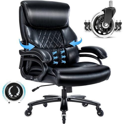 Big and Tall Office Chair 500 LBS-Executive Office Chair for Heavy People-Heavy Duty Office Chair with Sturdy Rollerblade Wheels-Desk Chair with Adjustable Lumbar Support Black Leather Chair  - Aurelia Clothing