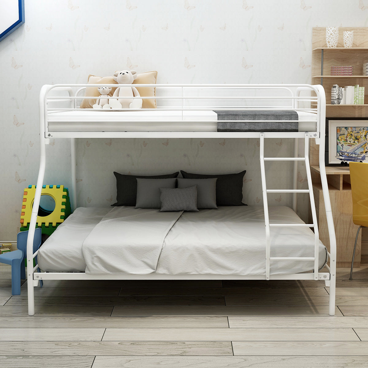 Heavy Duty Twin-Over-Full Metal Bunk Bed, Easy Assembly with Enhanced Upper-Level Guardrail, White - Free Shipping - Aurelia Clothing