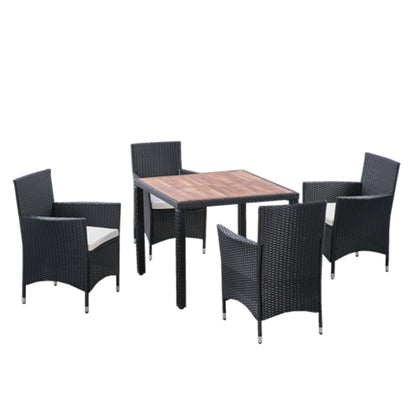 EELIFEE 5 piece Outdoor Patio Wicker Dining Set Patio Wicker Furniture Dining Set w/Acacia Wood Top Black Wicker + Creme Cushion - Free Shipping - Aurelia Clothing