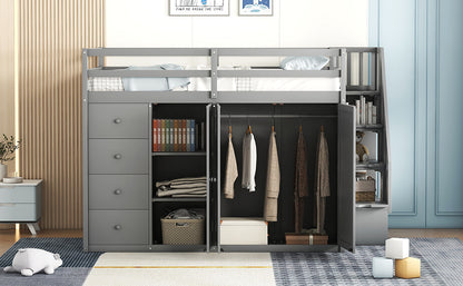 Full Size Wood Loft Bed With Built-in Wardrobes, Cabinets and Drawers, Gray - Free Shipping - Aurelia Clothing