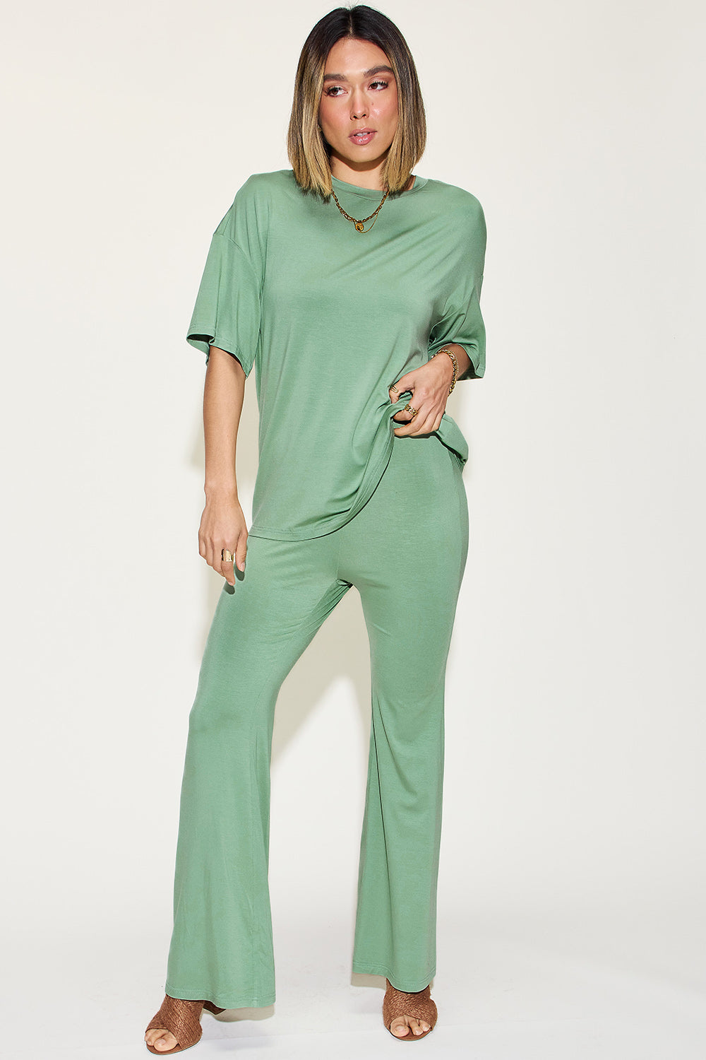 Basic Bae Full Size Bamboo Drop Shoulder T-Shirt and Flare Pants Set - Free Shipping - Aurelia Clothing