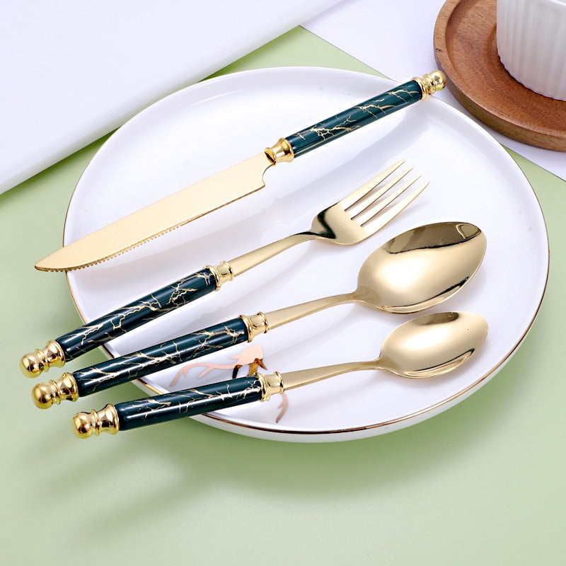 410 stainless steel knife, fork, spoon set, European style hotel Western tableware, golden dessert spoon set, 24 pieces - Free Shipping - Aurelia Clothing