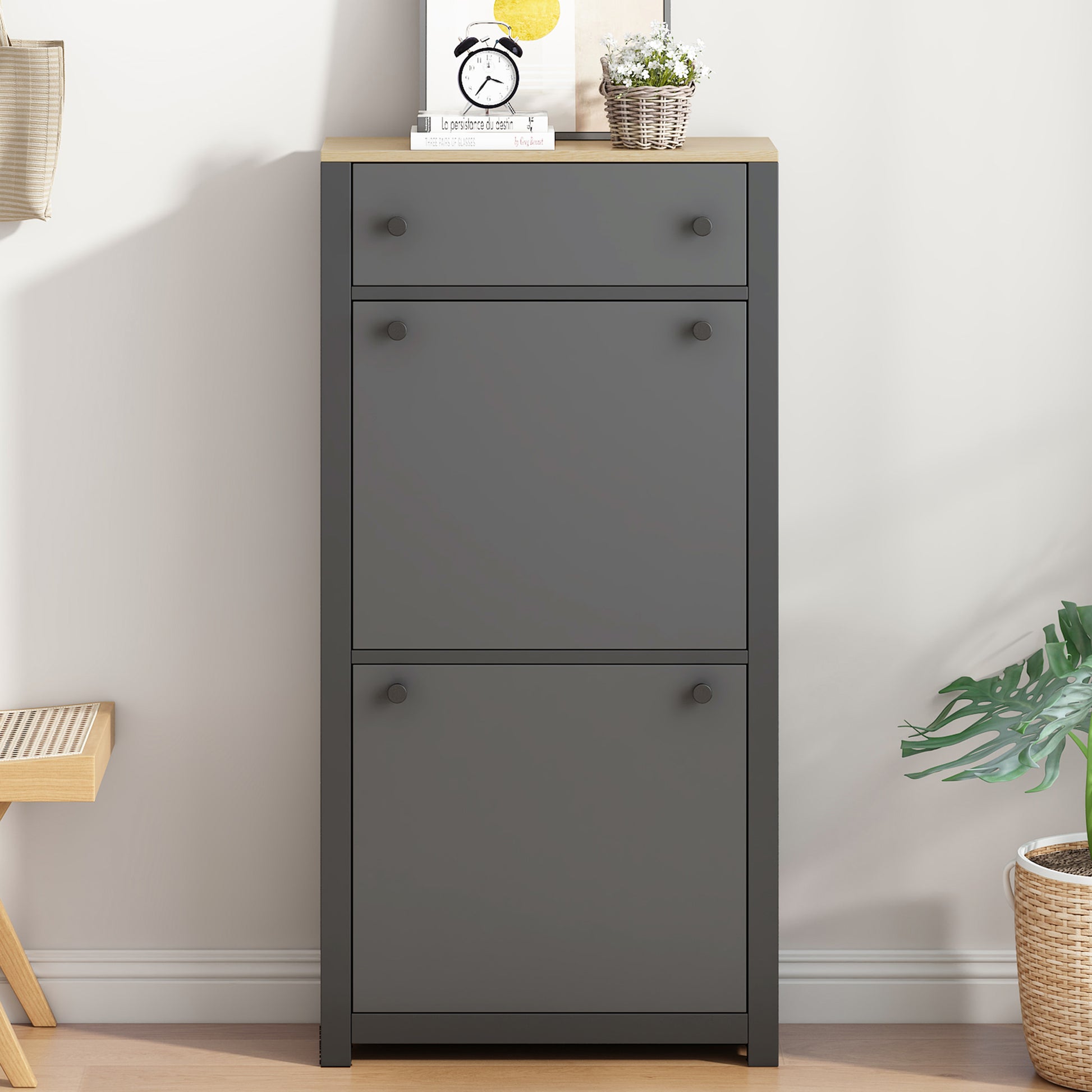 ONTREND functional with 2 flipped drawers, top shoe cabinet with adjustable panel, independent shoe rack, gray - Free Shipping - Aurelia Clothing