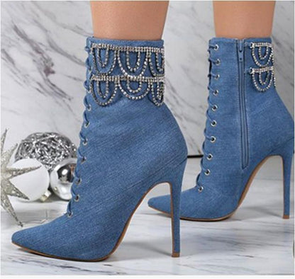 Large Size Rhinestone Chain Stiletto Pointed Toe Women's Ankle Boots - Free Shipping - Aurelia Clothing