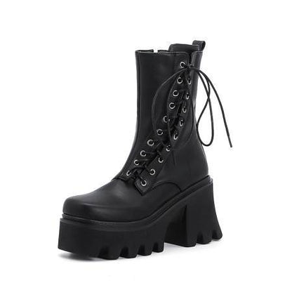 Autumn And Winter Lace Up Chunky High-Heeled Platform Ladies Short Boots Martin Boots - Free Shipping - Aurelia Clothing