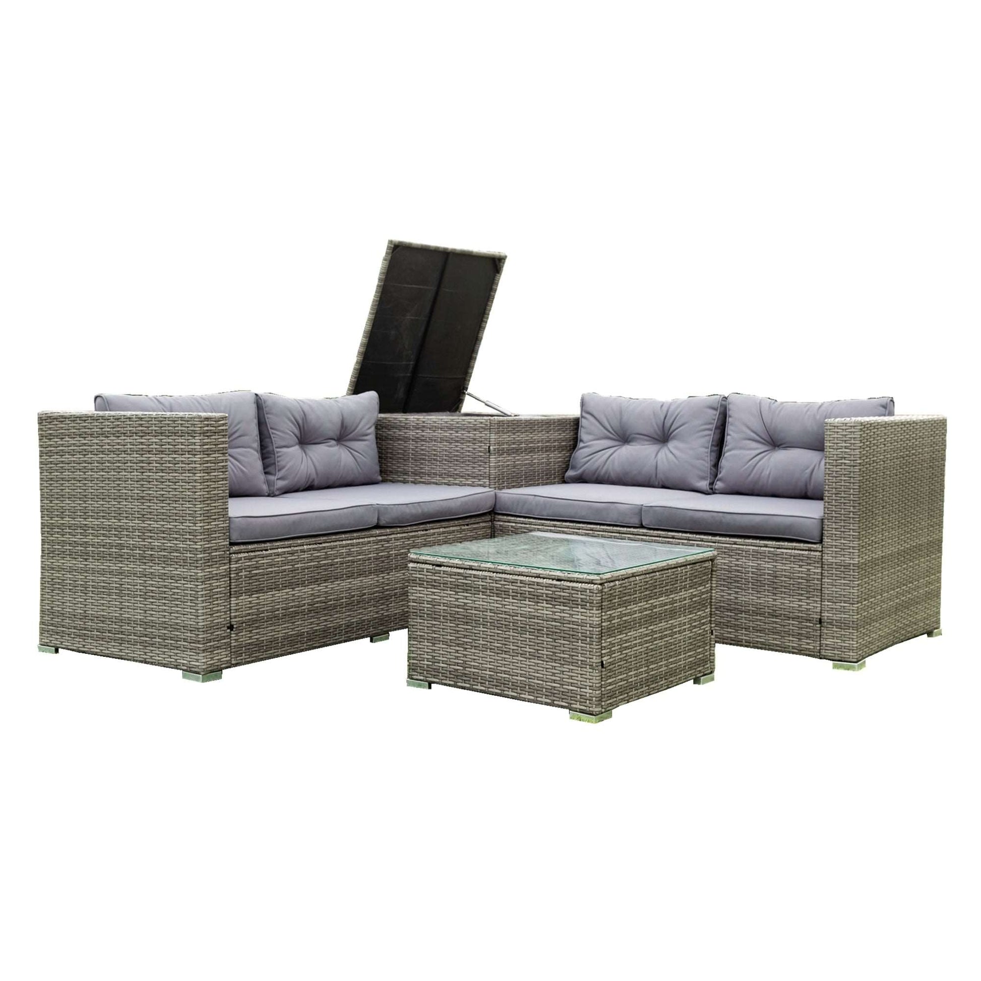 4 Piece Patio Sectional Wicker Rattan Outdoor Furniture Sofa Set with Storage Box Grey - Free Shipping - Aurelia Clothing